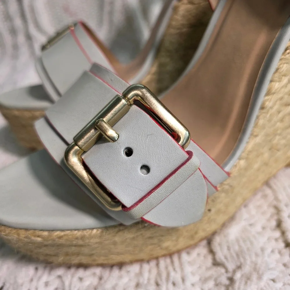 Pour La Victoire Wedge Sandals Ice Blue Red Leather‎ Espadrille Womens 9 NEW